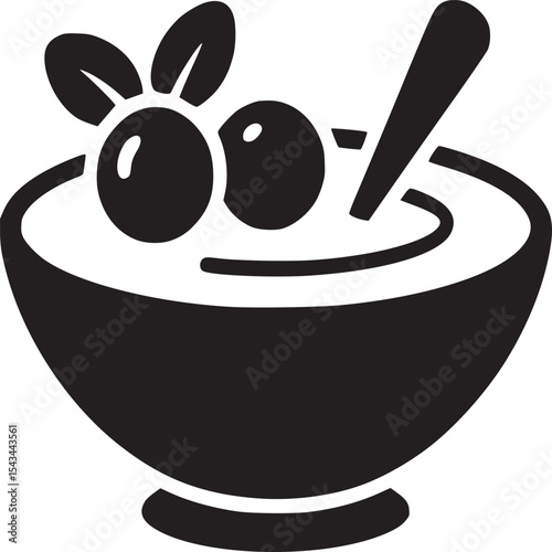 A black and white graphic of a bowl of cereal with berries and a spoon on a white background image