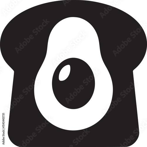Black and white graphic of a piece of toast with an avocado in the middle of the bread slice
