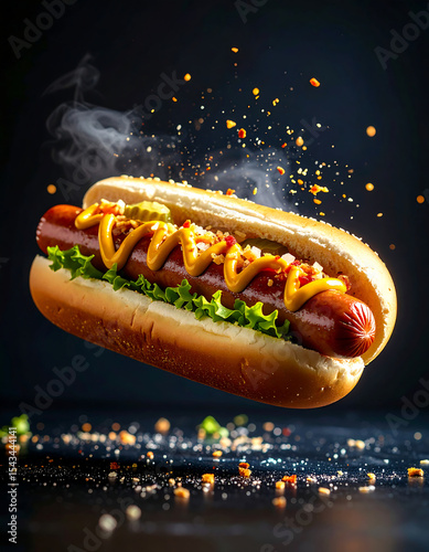 A delicious hotdog with mustard and toppings dynamically floating.