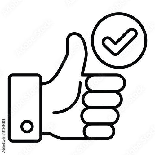 Black Line Art Illustration Thumbs Up Gesture with Check Mark in Circle Positive Feedback