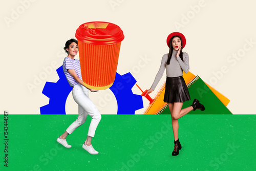 Template sketch trend artwork 3D photo collage of two young lady stand hand hold cup cogwheel mechanism cooperation copybook student