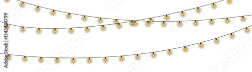 Shiny garland outlines New Year banner. Circle of light forms magical border. Soft yellow bulbs hang on thread. Twilight glow fills joyful evening sky. 