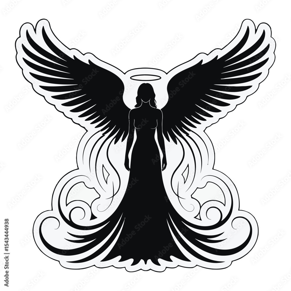 Fototapeta premium Black Silhouette Angel Woman Large Wings Halo Dress Floral Design Tattoo Style Graphic