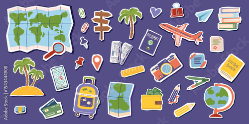Set of travel objects isolated on purple background. Travel, journey and vacation concept. Vector flat stickers liparts.
