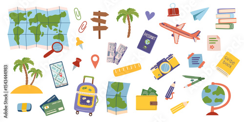 Set of travel objects isolated on white. Travel, journey and vacation concept. Vector flat cliparts.	