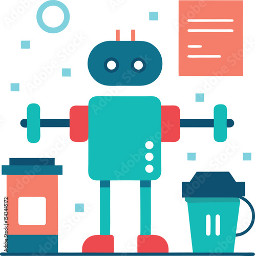 Workout Tracker Setup with Robot Guide and Protein Shake