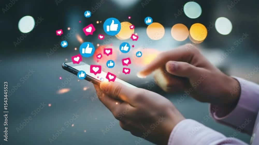 A person uses a smartphone and social media likes and hearts float above the screen