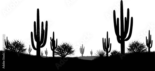 Desert landscape silhouette with cactus and bushes in black and white art. Vector illustration
