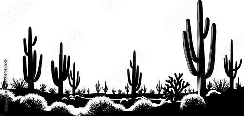 Desert landscape silhouette with cactus and bushes in black and white art. Vector illustration
