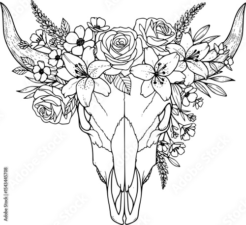 Cow skull adorned with flowers in black and white line art illustration. Vector illustration

