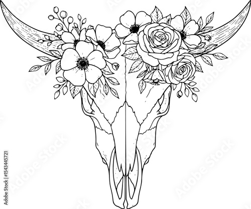 Cow skull adorned with flowers in black and white line art illustration. Vector illustration
