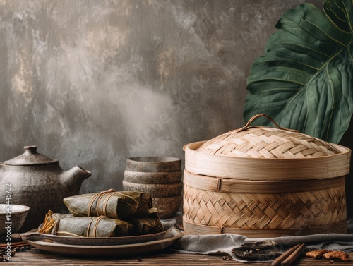 Traditional Asian Cooking Ingredients with Bamboo Steamer and Herbal Wraps