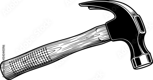 Black and white illustration of a classic claw hammer tool concept art. Vector illustration
