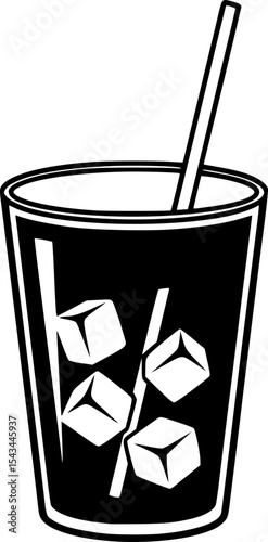 Black and white illustration of a soda cup with a straw and ice cubes. Vector illustration

