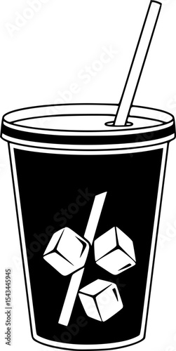 Black and white illustration of a soda cup with a straw and ice cubes. Vector illustration
