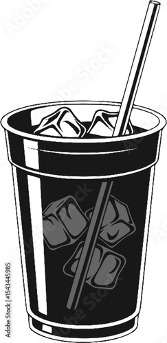 Black and white illustration of a soda cup with a straw and ice cubes. Vector illustration
