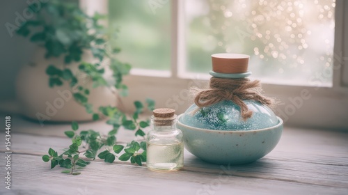 Decorative Essential Oil Bottles with Fresh Green Plants and Natural Light
