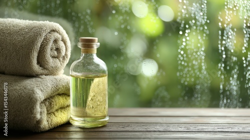 Tranquil Spa Setting with Towels and Essential Oil Against Rainy Window