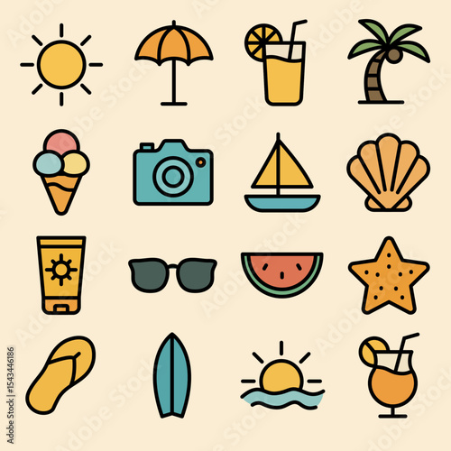 Illustration showing a set of colorful summer vacation icons on a light background