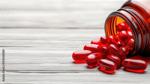 The image presents a jar containing shiny red gel capsules spilling onto a wooden surface, highlighting themes of health supplements and wellness products.