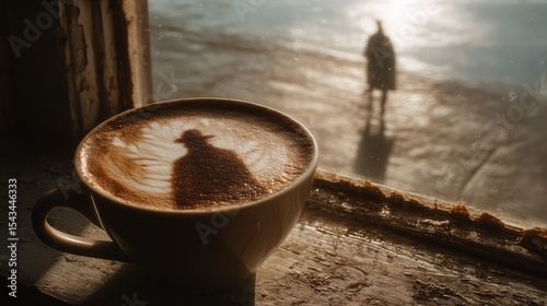 Silhouette of a Person Reflected in Coffee Cup by a Window at Sunrise