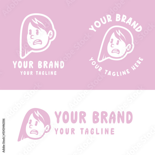 Playful pink cartoon girl logo with an expressive face. Ideal for creative kids' brands, personal logos, or product packaging. Fully editable EPS vector file included