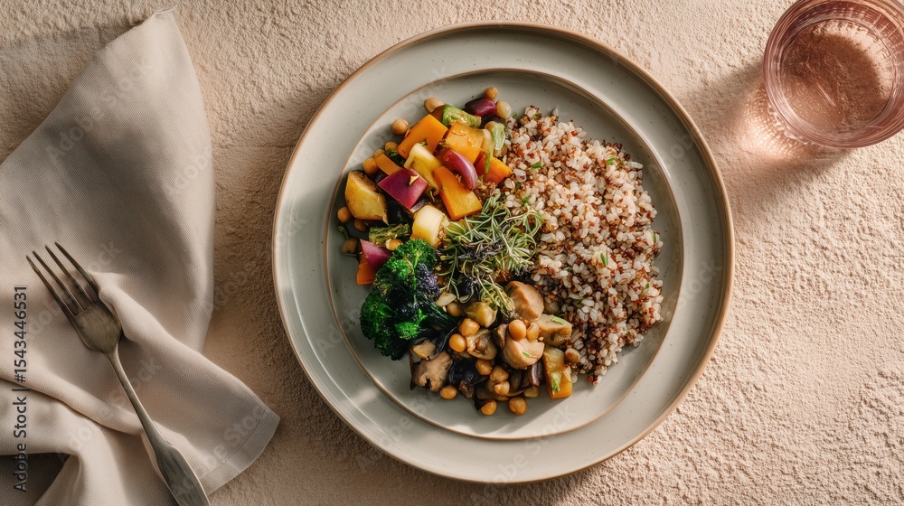 Healthy vegan meal with vegetables, quinoa, and sprouts served on a plate Healthy vegan meal with vegetables, quinoa, and sprouts served on a plate