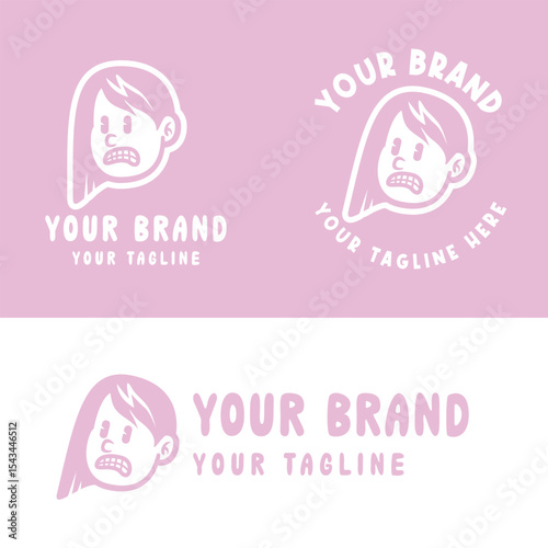 Playful pink cartoon girl logo with an expressive face. Ideal for creative kids' brands, personal logos, or product packaging. Fully editable EPS vector file included