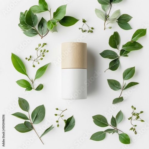 Natural cosmetic bottle with green leaves