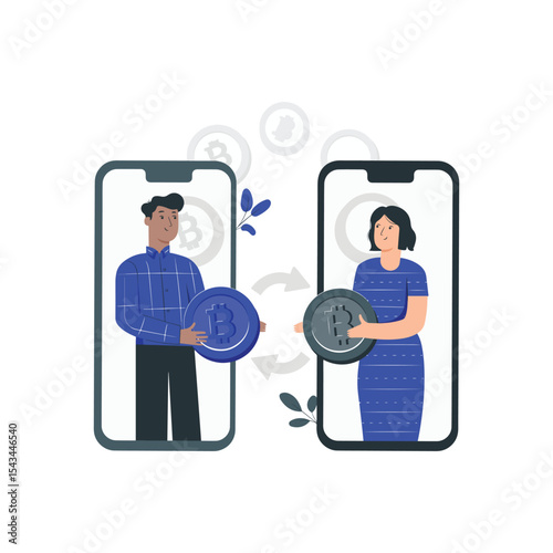 a man and woman are holding a coin on their phones
