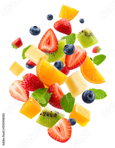 A vibrant assortment of sliced fresh fruits including strawberries, kiwi, oranges, blueberries, and mint leaves, are captured floating.