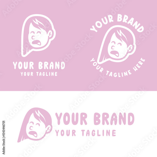 Playful pink cartoon girl logo with an expressive face. Ideal for creative kids' brands, personal logos, or product packaging. Fully editable EPS vector file included