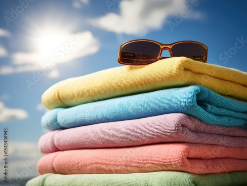 Bright Beach Towels Stacked with Sunglasses Under Sunny Sky