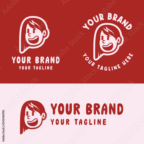 Playful pink cartoon girl logo with an expressive face. Ideal for creative kids' brands, personal logos, or product packaging. Fully editable EPS vector file included
