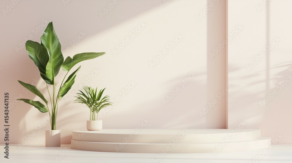 Minimal scene with tropical plants and podium Minimal scene with tropical plants and podium