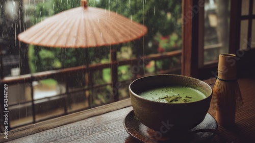 Cozy Tea Experience by the Window on a Rainy Day with Green Drink