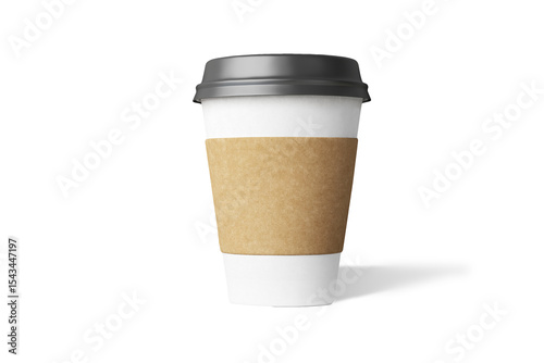 A disposable coffee cup with a cardboard sleeve, commonly used for serving hot beverages.