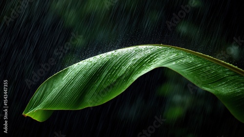 Close-Up of a Green Leaf Captured in Gentle Rain with Vibrant Water Droplets