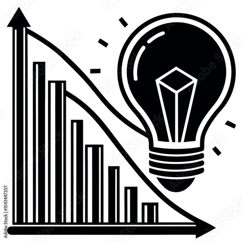 Idea lightbulb and decreasing graph isolated on white background