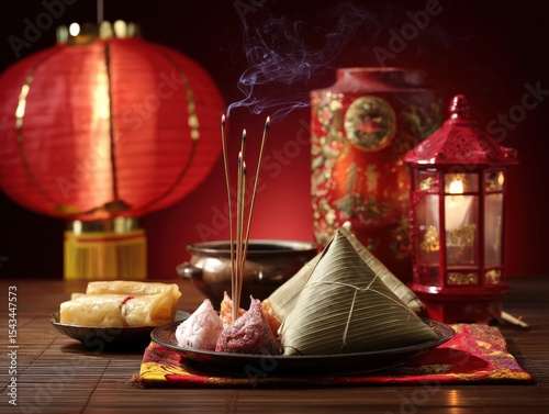 Traditional Asian Celebration with Dumplings, Incense, and Lantern Decor