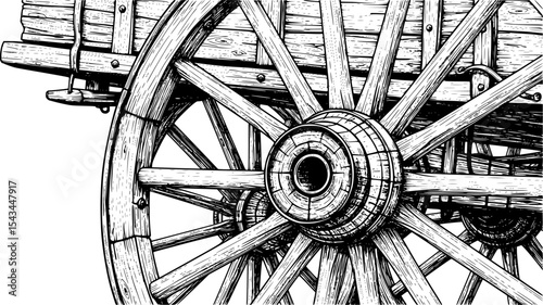 Wooden wagon wheel in black and white sketch, vintage rustic illustration. Vector illustration
