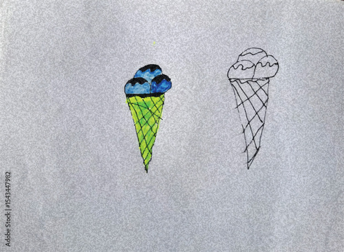 Hand-Drawn Illustration of Ice Cream Cone Colorful and Sketch Versions