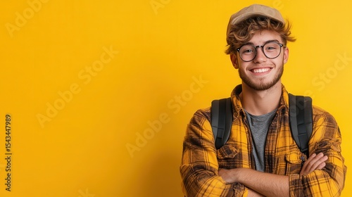 A cheerful young man stands confidently against a vibrant yellow backdrop, showcasing a stylish outfit that reflects his fun-loving personality and youthful energy.