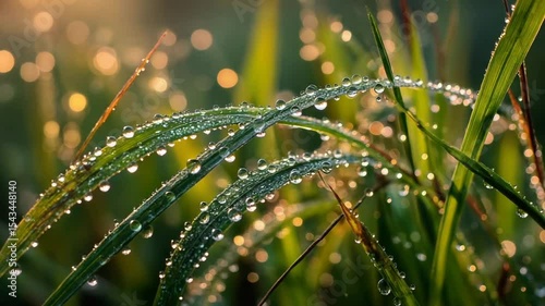 Morning dew glistening on grass blades at sunrise