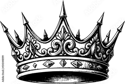 Black sketched crown with pointed tips and decorative elements, monochrome style. Vector illustration
