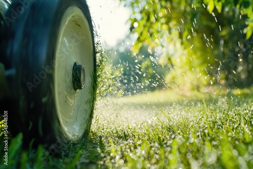 A closeup view of mowing grass with a lawn mower shows small clippings and moisture