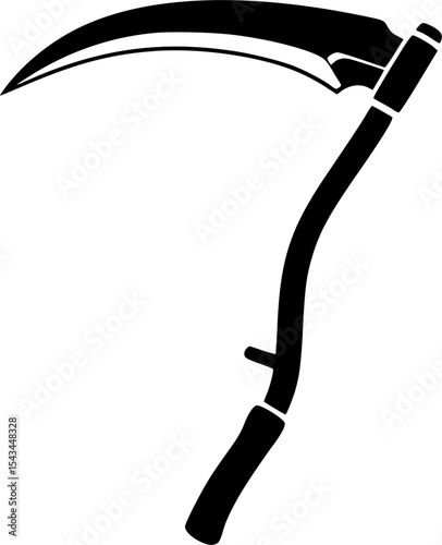 Black silhouette of a scythe with curved blade, minimalistic icon. Vector illustration
