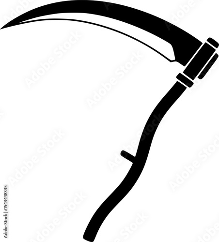 Black silhouette of a scythe with curved blade, minimalistic icon. Vector illustration

