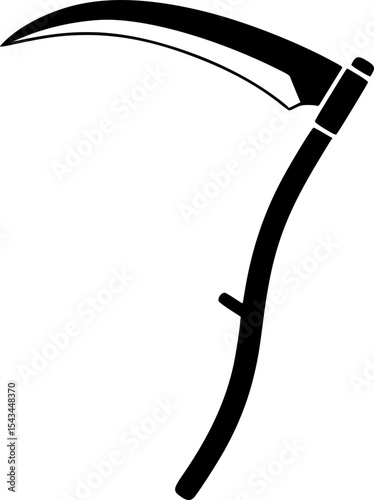 Black silhouette of a scythe with curved blade, minimalistic icon. Vector illustration
