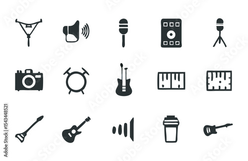 Sleek Black Music and Camera Vector Icon Set for Entertainment and Media Design Projects